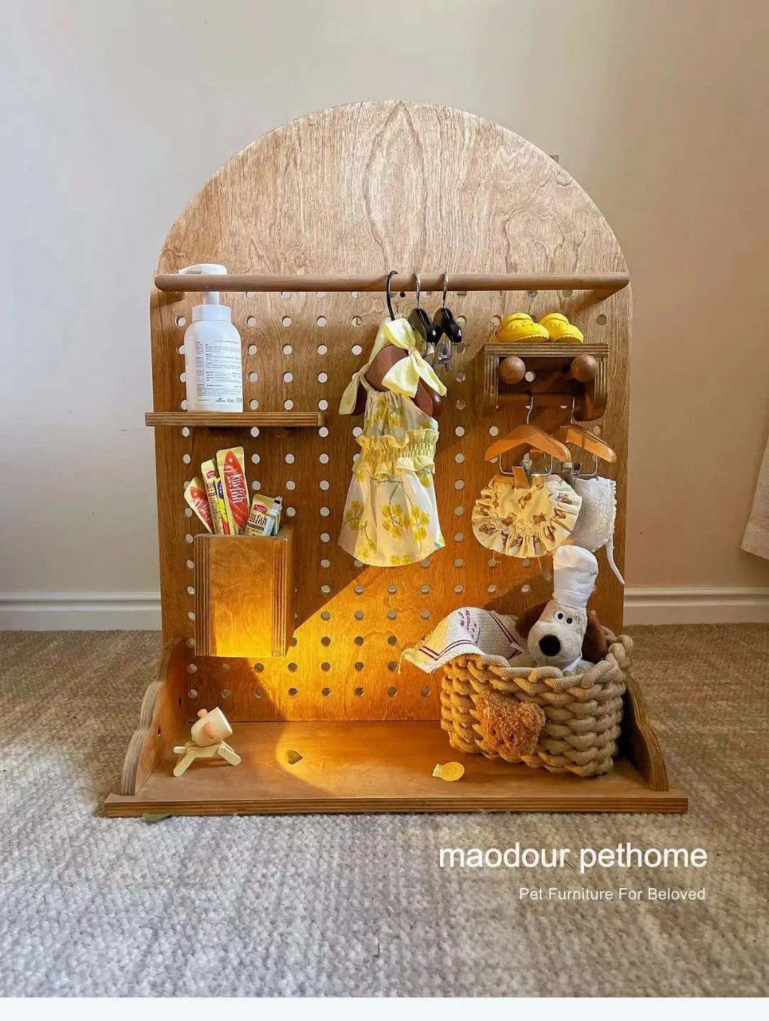 Wooden pet wardrobe display for a boutique or photo studio